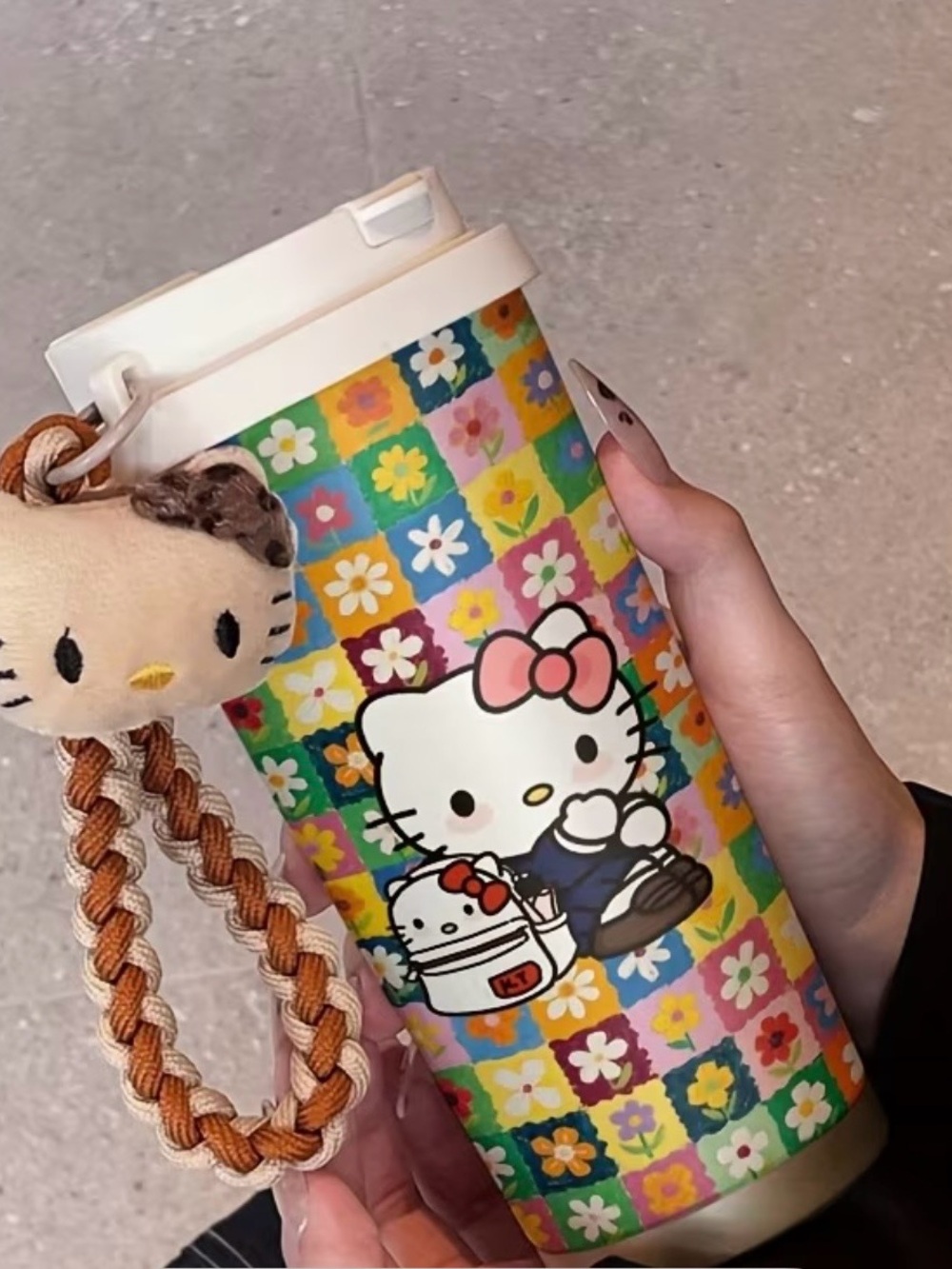 AUTHENTIC~HELLO KITTY! Floral Checker Tumbler w/ Wristlets-*18oz